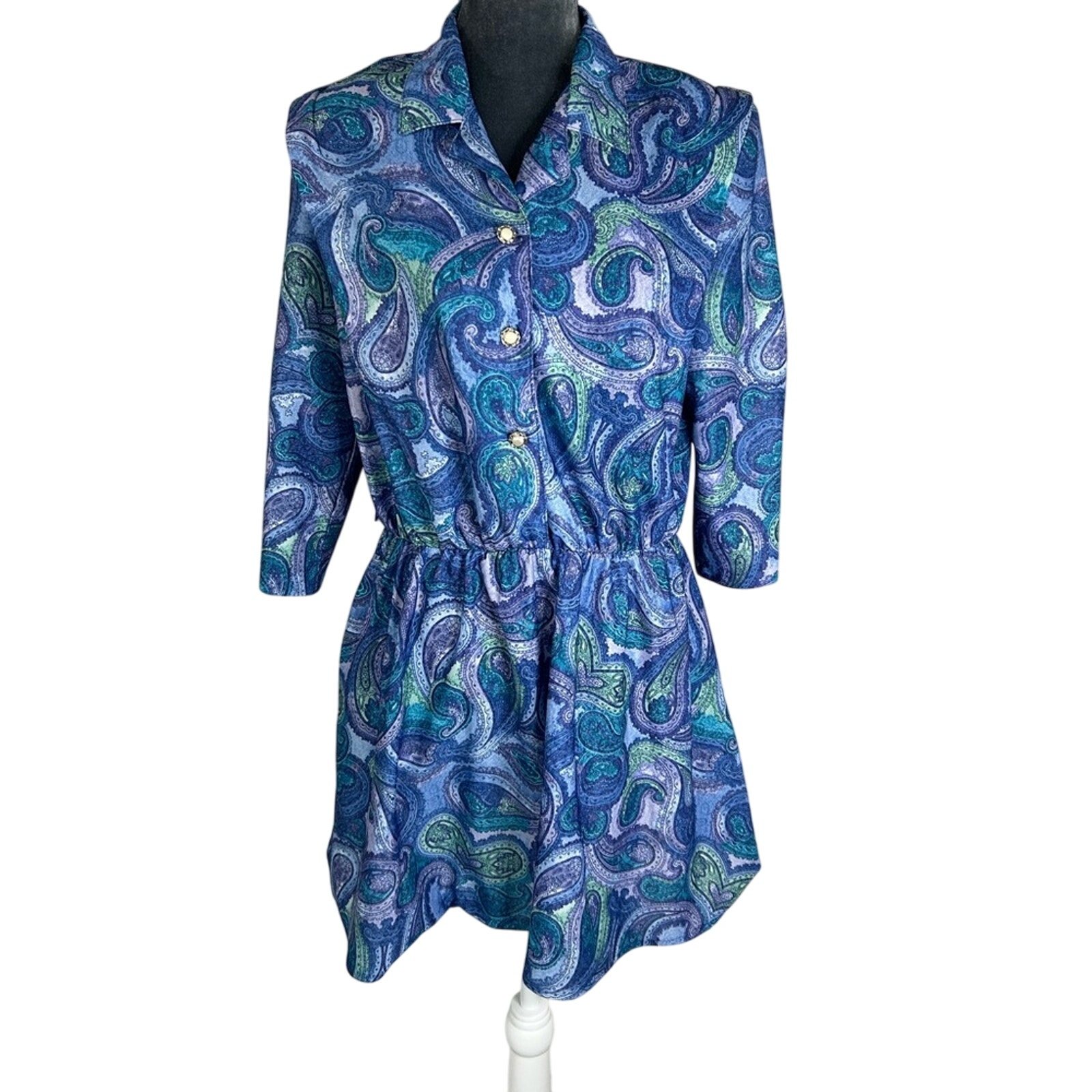 California Looks- 70s, 80s, Mini Dress- 3/4 Sleeve, Buttons, Blue Collar Sz 16